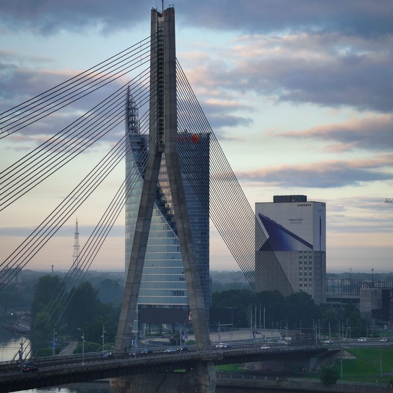 The cable-stayed Vansu Bridge over the Daugava with the Riga skyline behind it